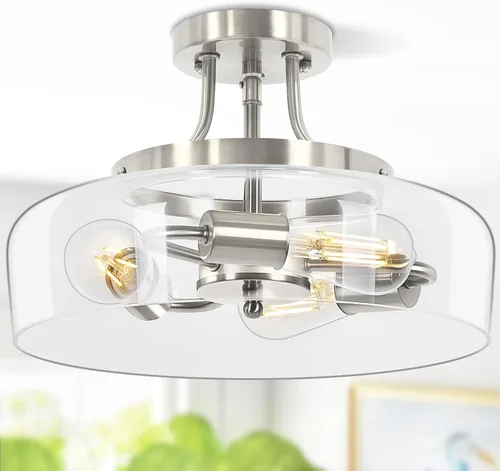 Vista 13 de Lámpara de techo industrial moderna semiempotrada con pantalla de vidrio transparente, lámpara de techo negra de 3 bombillas para cocina