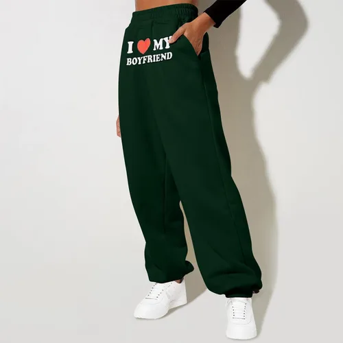 Vista 2 de I Love My Boyfriend - Pantalones deportivos para mujer, de cintura alta, casuales, holgados, con cintura elástica, pantalones de forro polar