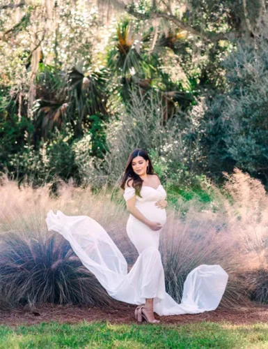 Vista 2 de ORQ Vestido de gasa de maternidad con hombros descubiertos para accesorios de fotos, vestido maxi de fotografía para sesión de fotos