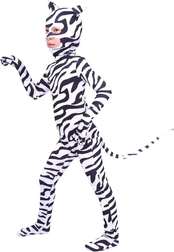 Vista 16 de Aniler Disfraz de Halloween de elastano para niños de 6 a 16 años, body de animal para cosplay, overol para niñas Negro