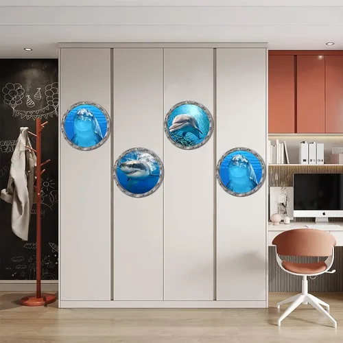 Vista 4 de Decoración del mundo bajo el mar de animales oceánicos, incluye tiburones delfines, 3 unidades, removibles, 3D, adhesivos de vinilo para despegar