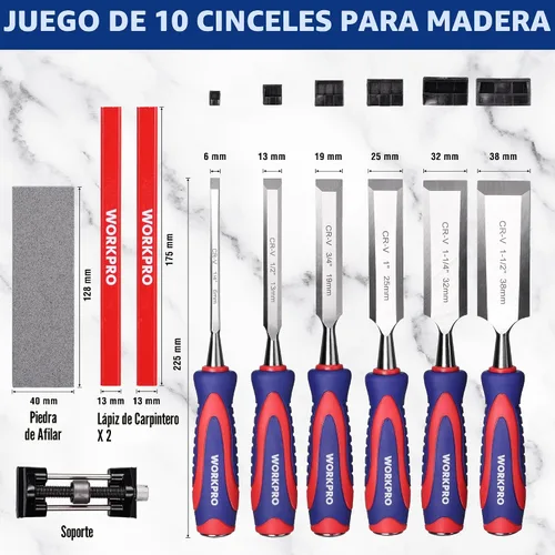 Vista 2 de WORKPRO Juego de cinceles de madera de 10 piezas para carpintería, cinceles de borde biselado Cr-V (1/4", 1/2", 3/4", 1", 1-1/4", 1-1/2") con piedra