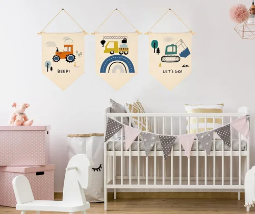Vista 5 de Transporte, construcción, construcción de vehículos, decoración de guardería, decoración de bandera para bebés, niños, recién nacidos, banderines