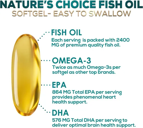 Vista 3 de Suplementos de aceite de pescado Omega 3 – 2400 mg de aceite de pescado por porción – Omega-3 de triple fuerza con ácidos grasos EPA y DHA – Apoyo