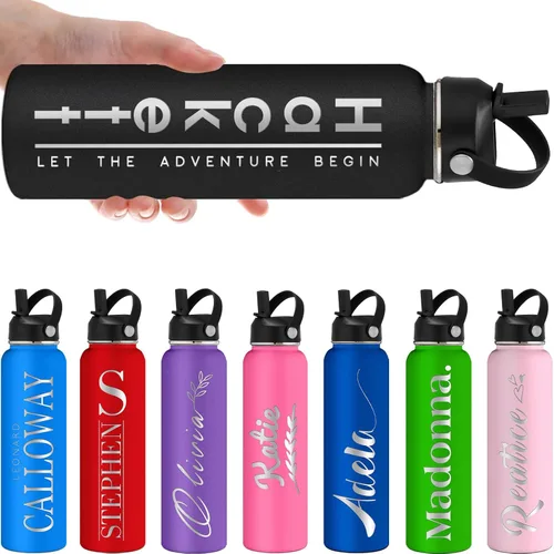 Vista 13 de Botellas de agua personalizadas con tapa de pajilla, botella de agua personalizada de 24 onzas, botella de agua aislada con grabado láser con Morado
