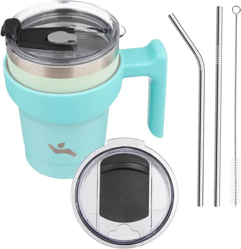 Vista 80 de Konokyo - Vaso de 10 onzas con asa y 2 popotes, 2 tapas, botella de agua aislada de acero inoxidable, taza de viaje reutilizable, color verde militar