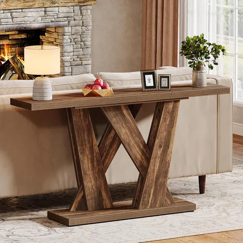 Vista 8 de Tribesigns Mesa de consola de 55 pulgadas estilo granja, mesa detrás del sofá con soporte para TV de base geométrica, mesa de sofá delgada
