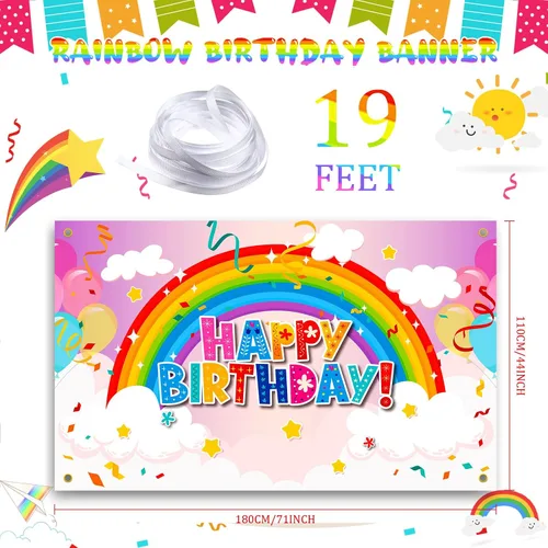 Vista 3 de Remerry Telón de fondo de cumpleaños arcoíris para niñas, colorido decoración de fiesta de feliz cumpleaños, pancarta para niñas, niños y adultos