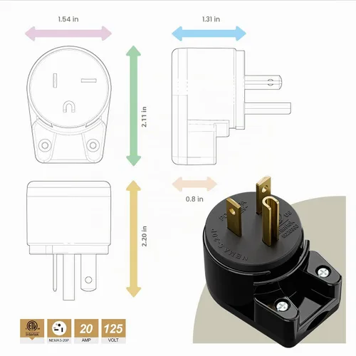 Vista 3 de Enchufe de CA macho de 3 clavijas de EE. UU., ángulo recto, ETL Nema 5-20P, 3 polos rewirable, 20A 125V USA 3Pin Conector de CA, enchufe giratorio