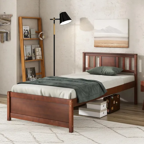 Vista 8 de Giantex Marco de cama individual con cabecero, cama de plataforma de madera maciza de mediados de siglo, cama de panel individual con soporte