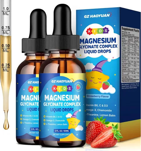 Vista 9 de Gotas líquidas de glicinato de magnesio para niños, con L-teanina, omega-3, vitaminas B6 y D3, zinc y calcio, para apoyo al sueño, relajación