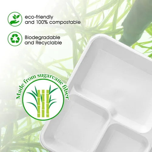 Vista 7 de ECOLipak Platos 100% compostables de 5 compartimentos, paquete de 125 platos de papel desechables, platos de caña de azúcar biodegradables de alta