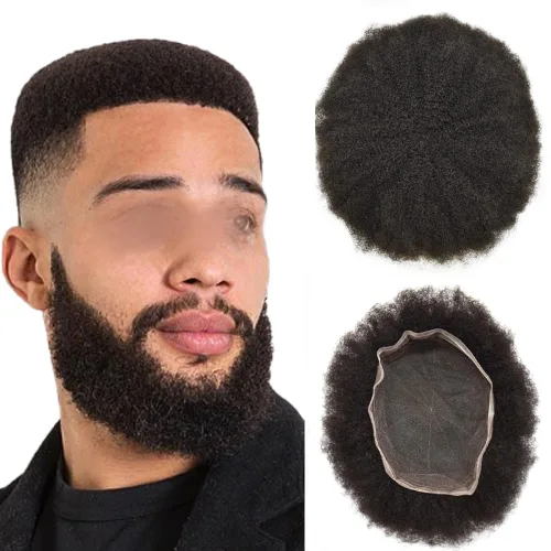 Vista 21 de Peluca de encaje suizo rizado afro para hombre, sistema de repuesto de peluca de encaje completo, extensiones duraderas de cabello humano #1 Negro
