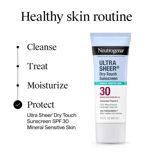 Vista 8 de Neutrogena Protector solar mineral ultra transparente de toque seco para cara y cuerpo, protección SPF 30 de amplio espectro UVA/UVB, protector