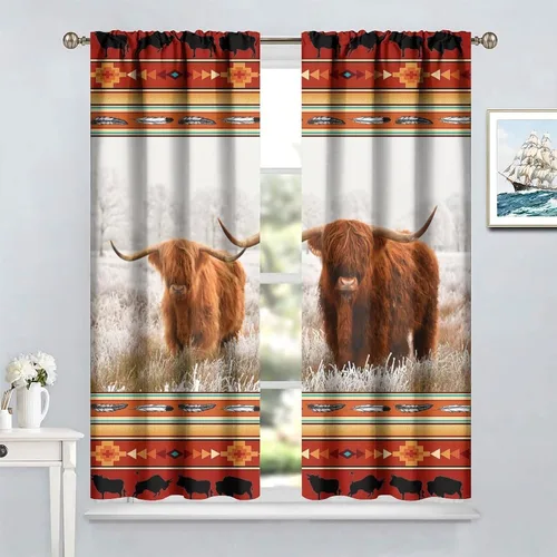 Vista 4 de YCness Cortinas de vaca occidental, cortinas con estampado tribal nativo azteca de las tierras altas nativas para sala de estar, dormitorio Estilo-10