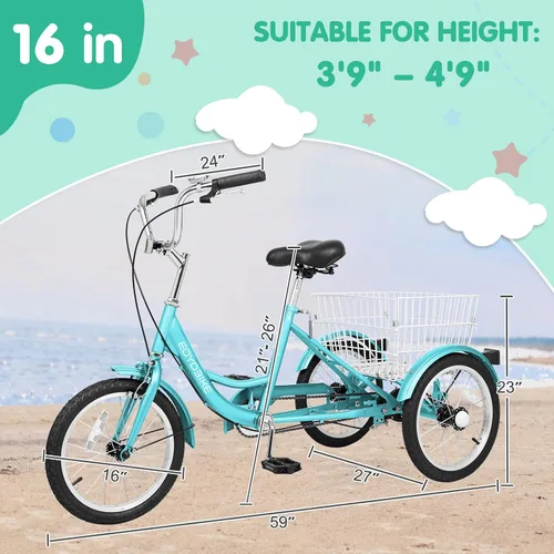 Vista 3 de LILYPELLE Triciclo triciclo de 16 pulgadas para principiantes y bicicletas de 3 ruedas de una sola velocidad, bicicletas de tres ruedas con cesta