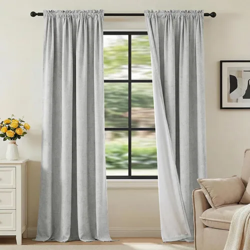 Vista 12 de H.VERSAILTEX Cortinas 100% opacas con aspecto de lino para dormitorio, bloqueo de luz completa, bolsillo para barra, cortinas de ventana gruesas
