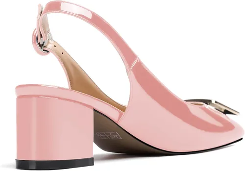 Vista 5 de WAYDERNS Zapatos de tacón bajo grueso de 2 pulgadas con hebilla rectangular de metal dorado para mujer, Oro