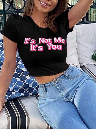 Vista 5 de Hilinker Camiseta corta de manga corta con cuello redondo y estampado de letras para mujer