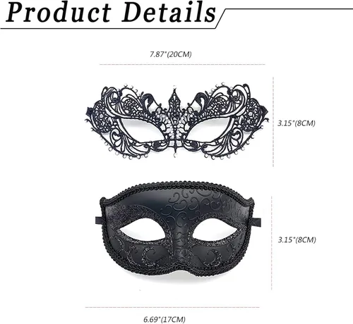 Vista 3 de Vtrem Máscara de mascarada para parejas juego de máscaras negras para fiesta de Mardi Gras para mujeres, hombres, papá, hija, graduación, pareja