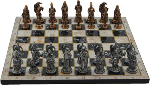 Vista 3 de Juegos de ajedrez de metal para adultos otomanos vs imperio bizantino figuras antiguas de cobre, piezas hechas a mano y tablero de ajedrez de madera