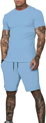 Vista 2 de Uni Clau Conjunto corto de 2 piezas para hombre, conjunto de camisa y pantalones cortos de verano a la moda
