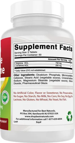 Vista 6 de Best Naturals L-Arginina L-Ornitina - 1000 mg por porción - 120 tabletas - Sin OMG y sin gluten (120 unidades (paquete de 1))