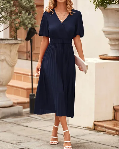 Vista 6 de BTFBM Vestidos casuales de verano 2023 para mujer, estilo bohemio, envolvente, cuello en V, manga corta, abombada, para fiesta en la playa, vestido