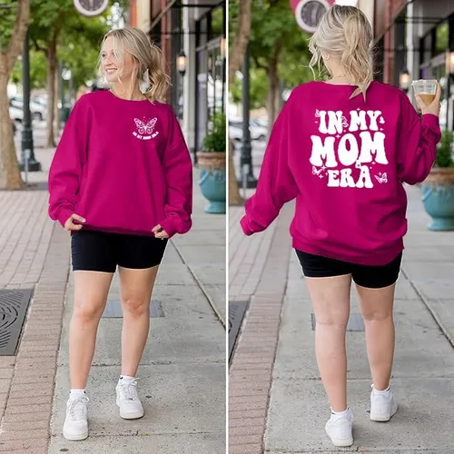Vista 3 de Sudadera con texto en inglés "In My Mom Era" para mujer, sudadera casual con estampado de letras y manga larga