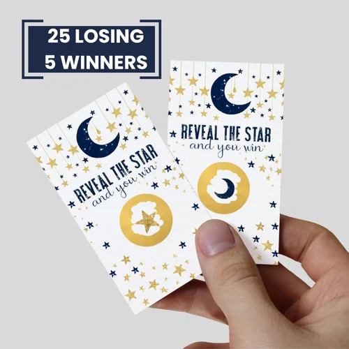 Vista 5 de Paper Clever Party Twinkle Little Star Boy Baby Shower - Tarjetas de juego para rascar – tema azul y dorado – 30 premios de actividad para invitados
