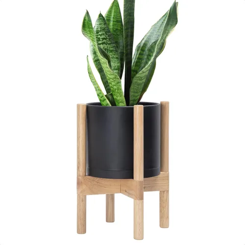 Vista 19 de Maceta de D'vine Dev con soporte - Maceta de flores de cilindro de plástico de 8.0 pulgadas con soporte de madera para interiores, maceta mate negra