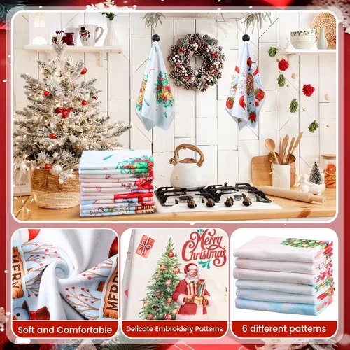 Vista 3 de Tatuo 6 toallas de mano decorativas de Navidad bordadas con Papá Noel, reno, muñeco de nieve, árbol de Navidad, toalla de baño de tela suave