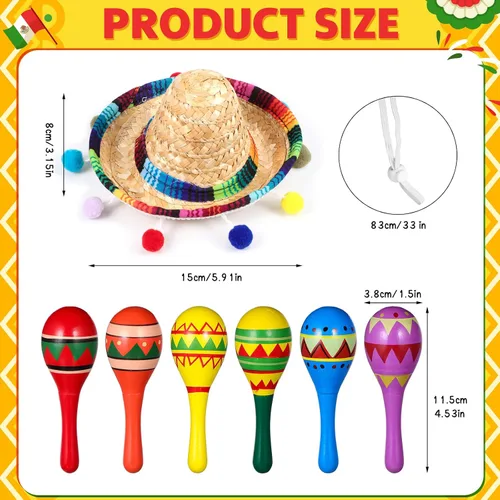 Vista 3 de Honoson 12 piezas de madera Fiesta Maracas 6 Cinco de Mayo Mini sombrero superior sombrero para sombrero decoración de fiesta mexicana