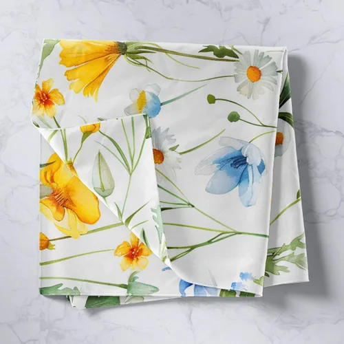 Vista 2 de Tapices florales de acuarela azul y amarillo, tapiz de flores pastorales para colgar en la pared, arte para dormitorio, estético, divertido, tapices