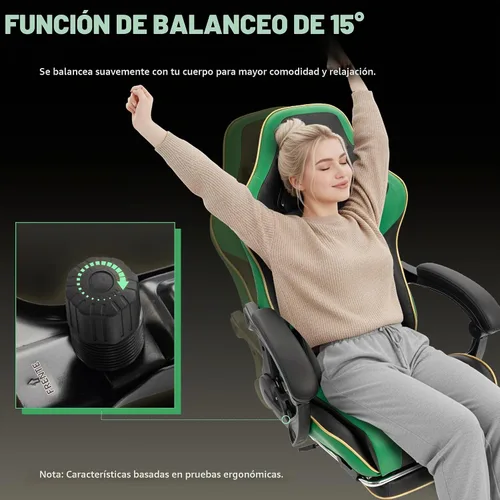 Vista 7 de Dowinx - Silla de juegos grande y alta, 350 libras con reposapiés lumbar de masaje Verde
