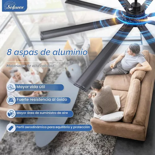 Vista 3 de Sofucor - Ventilador de techo inteligente de 84 pulgadas con luz, ventilador de techo negro para exteriores con 8 aspas de aluminio, funciona