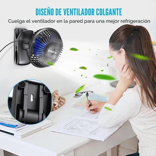 Vista 4 de BESKAR Ventilador de clip alimentado por USB, ventilador portátil de 6 pulgadas con cable, 3 velocidades de flujo de aire fuerte, ventilador pequeño