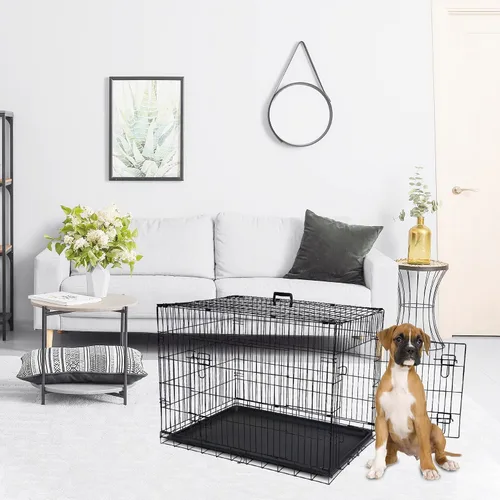Vista 8 de Jaulas de doble puerta para perros de 36 pulgadas, jaula de alambre plegable de metal para perreras con bandeja para perros pequeños, medianos
