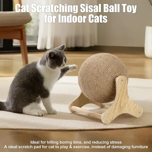 Vista 5 de Outamateur Juguete de bola rascador para gatos, bola rascador de sisal para gatos con soporte estable, juguete de ejercicio interactivo