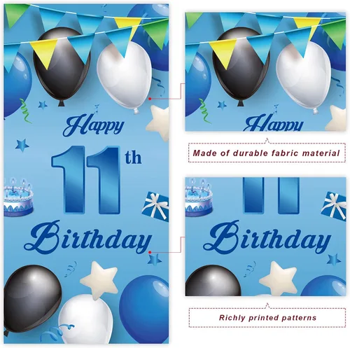 Vista 3 de Cartel azul de feliz cumpleaños número 11, globos de fondo de estrellas, confeti y saludos a los 11 años, decoración temática de puerta, porche