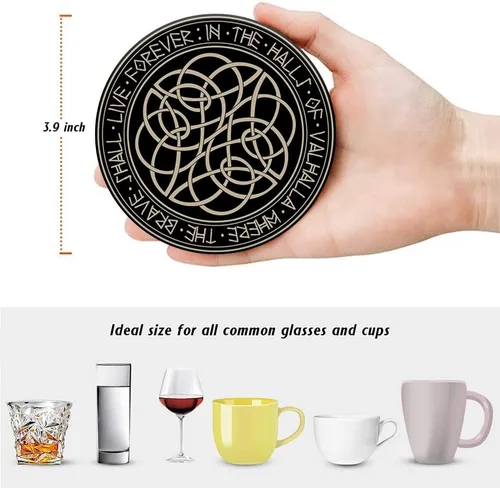 Vista 2 de HUXJOKO Juego de 6 posavasos para bebidas, posavasos de cerámica absorbente mágica vikinga negra, alfombrilla redonda de piedra, con base de corcho