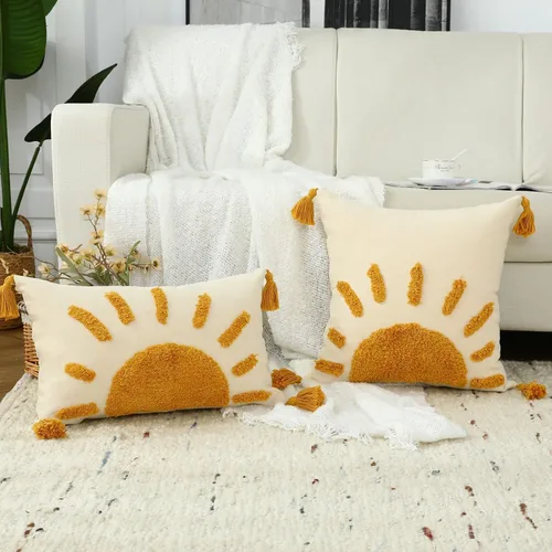 Vista 6 de Fundas de almohada bohemias de 18 x 18 pulgadas, fundas de almohada decorativas de sol con borlas, funda de almohada moderna marroquí para sofá