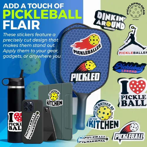 Vista 3 de Juego de calcomanías de pickleball – 9 divertidas calcomanías de vinilo + 10 pulseras de primer servidor – Accesorios de pickleball y regalos