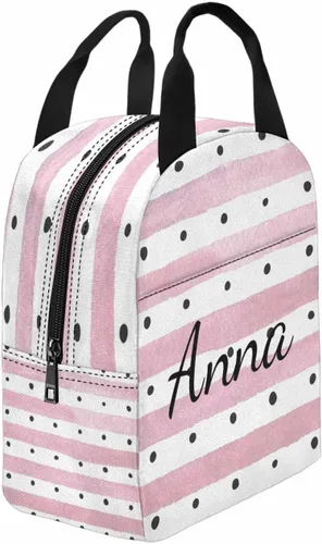 Vista 3 de InterestPrint Bolsa de almuerzo con nombre personalizado para hombres y mujeres, color rosa, blanco y negro, con lunares personalizados, enfriador
