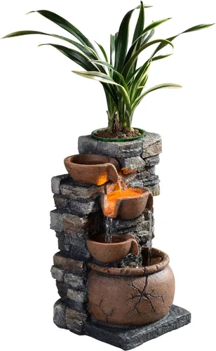 Vista 4 de Fuente interior de 4 tazones Rockery con sonido calmante para decoración del hogar y la oficina con una pequeña maceta de plástico para cultivar