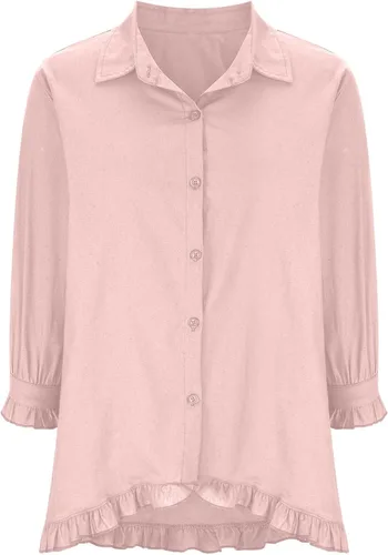 Vista 4 de Camisa de manga con codo y cuello para mujer, estilo simple, de color liso, holgada, casual, de algodón y lino