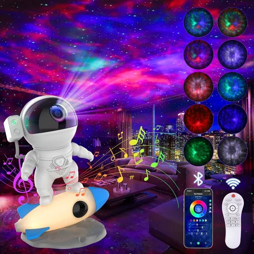 Vista 8 de Proyector de galaxia astronauta para dormitorio, proyector de estrellas luz de galaxia con aplicación y control remoto, ruidos blancos, altavoz