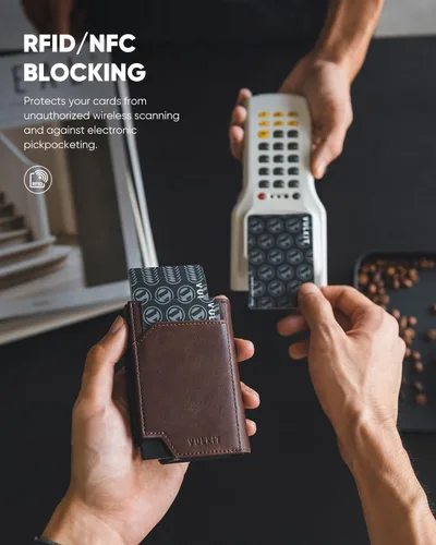 Vista 4 de VULKIT Tarjetero de crédito con bolsillo para monedas, cierre magnético, cartera para tarjetas emergente, bloqueo RFID, funda de piel minimalista