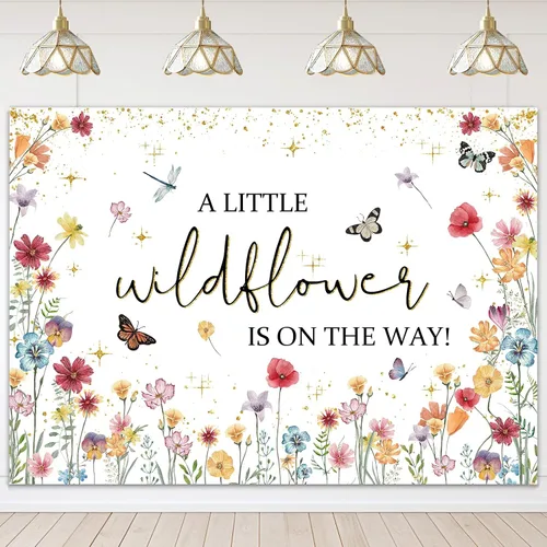 Vista 7 de Avezano Decoraciones de flores silvestres para baby shower, con texto en inglés "A Little Wildflower is On The Way", telón de fondo para baby