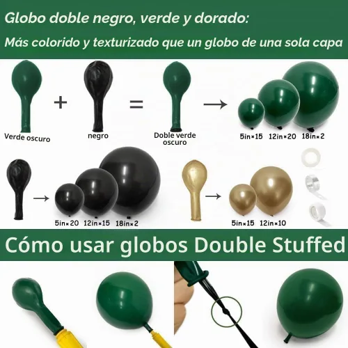 Vista 3 de Guirnalda de globos de color negro, verde y dorado, doble relleno, globos verde oscuro, kit de arco de globos negros y dorados para graduación